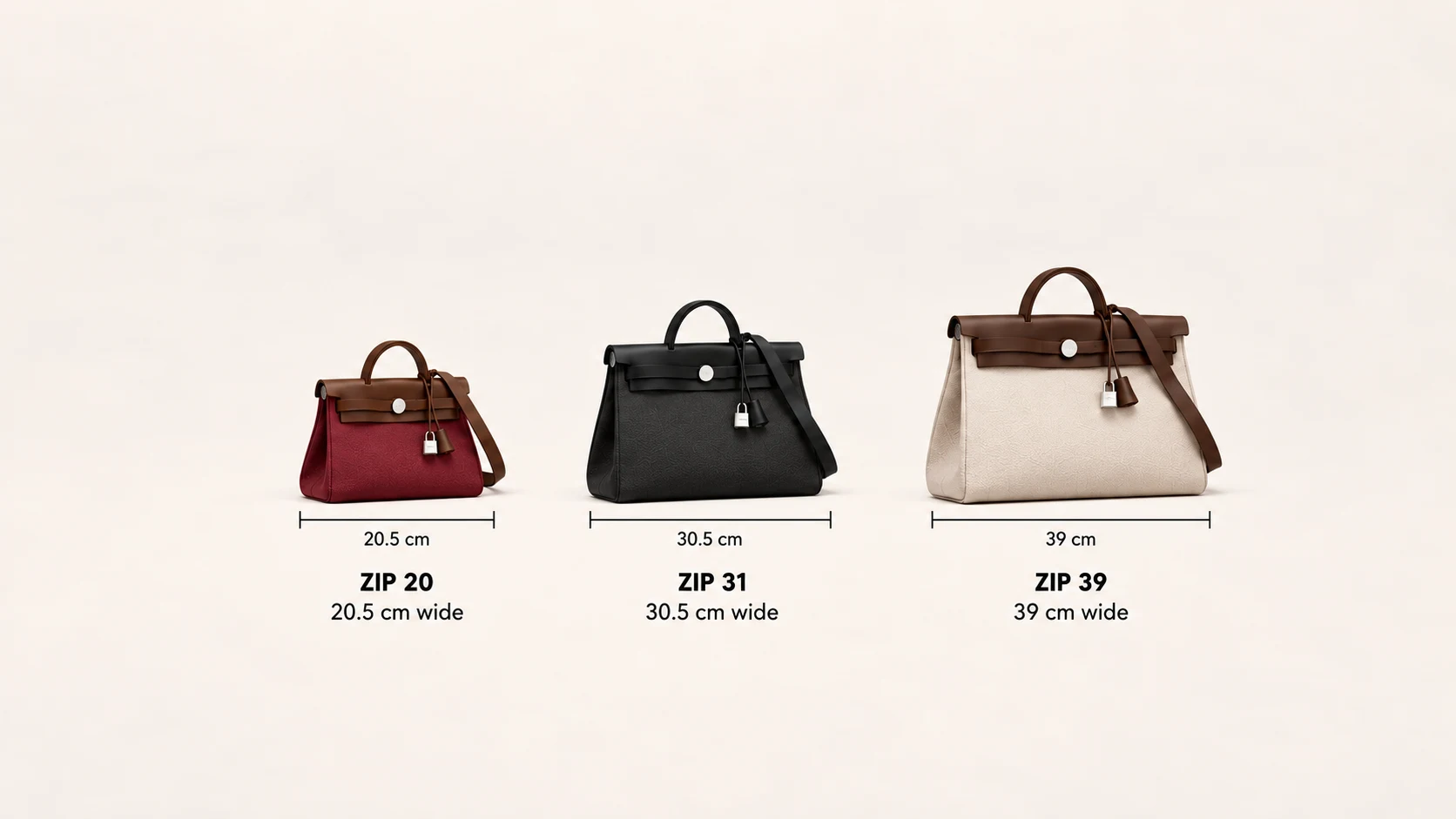 Hermès Herbag Zip 20, Zip 31, and Zip 39 arranged from smallest to largest with width measurements