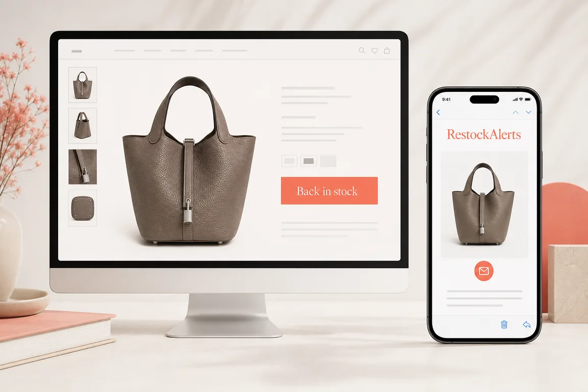 Panel visual de RestockAlerts mostrando la monitorización de disponibilidad online de bolsos Hermès