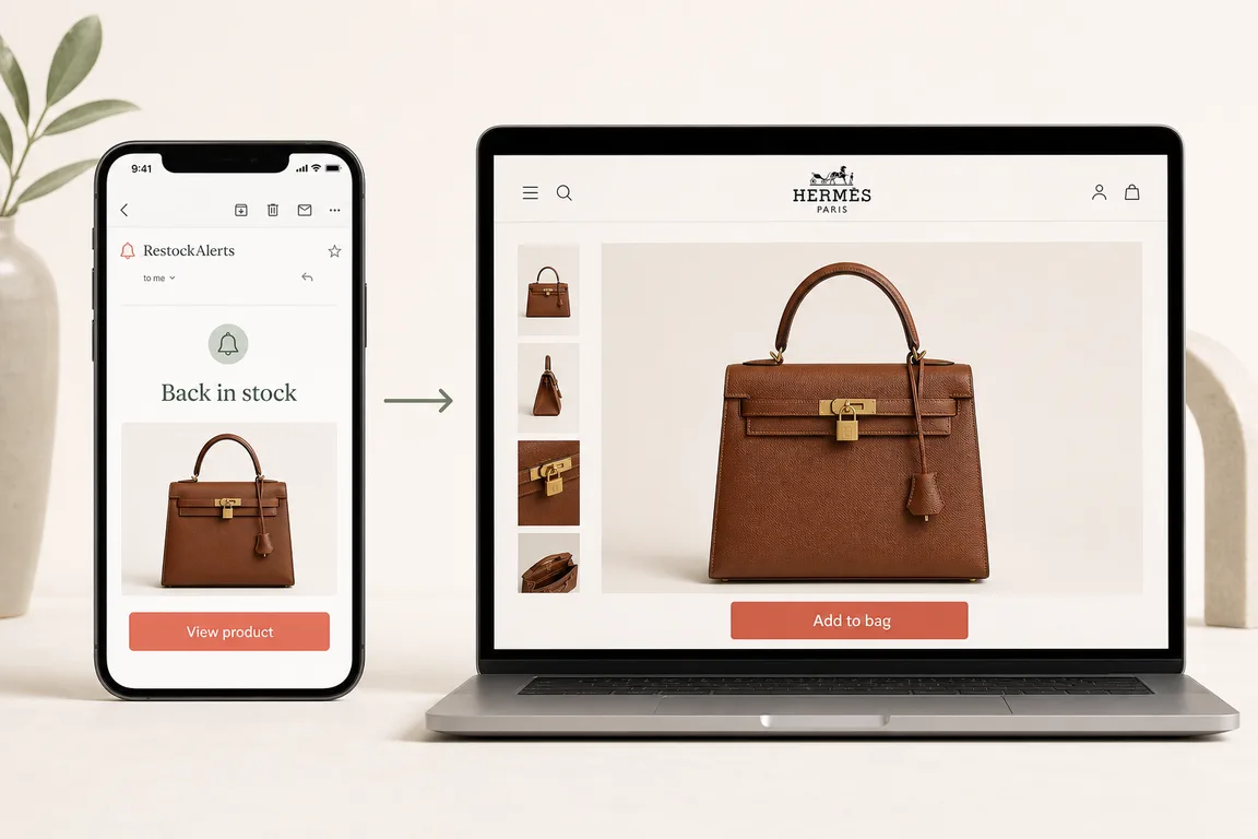 Email de RestockAlerts con enlace directo a una página de producto Hermès para revisar una reposición