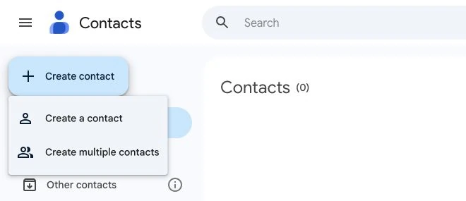 Google Contacts desktop menu showing Create contact marked 1 and Create a contact marked 2.