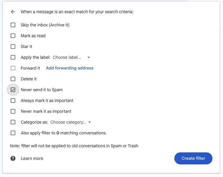 Gmail filter actions with Never send it to Spam checked and highlighted as 4, and the final Create filter button highlighted as 5.