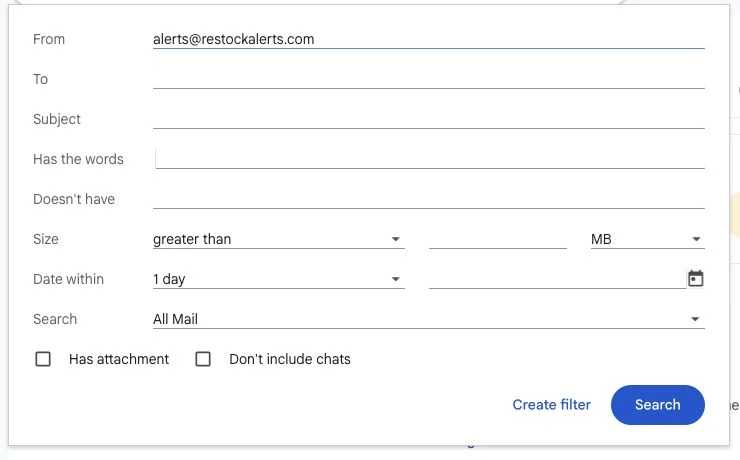 Gmail search options with alerts@restockalerts.com in From marked 2 and Create filter marked 3.