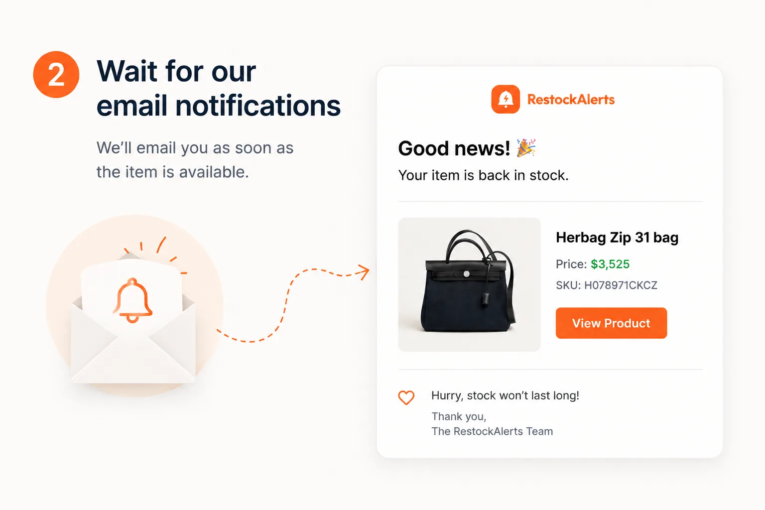 RestockAlerts email notification announcing a Hermès Herbag bag is back in stock and available to buy