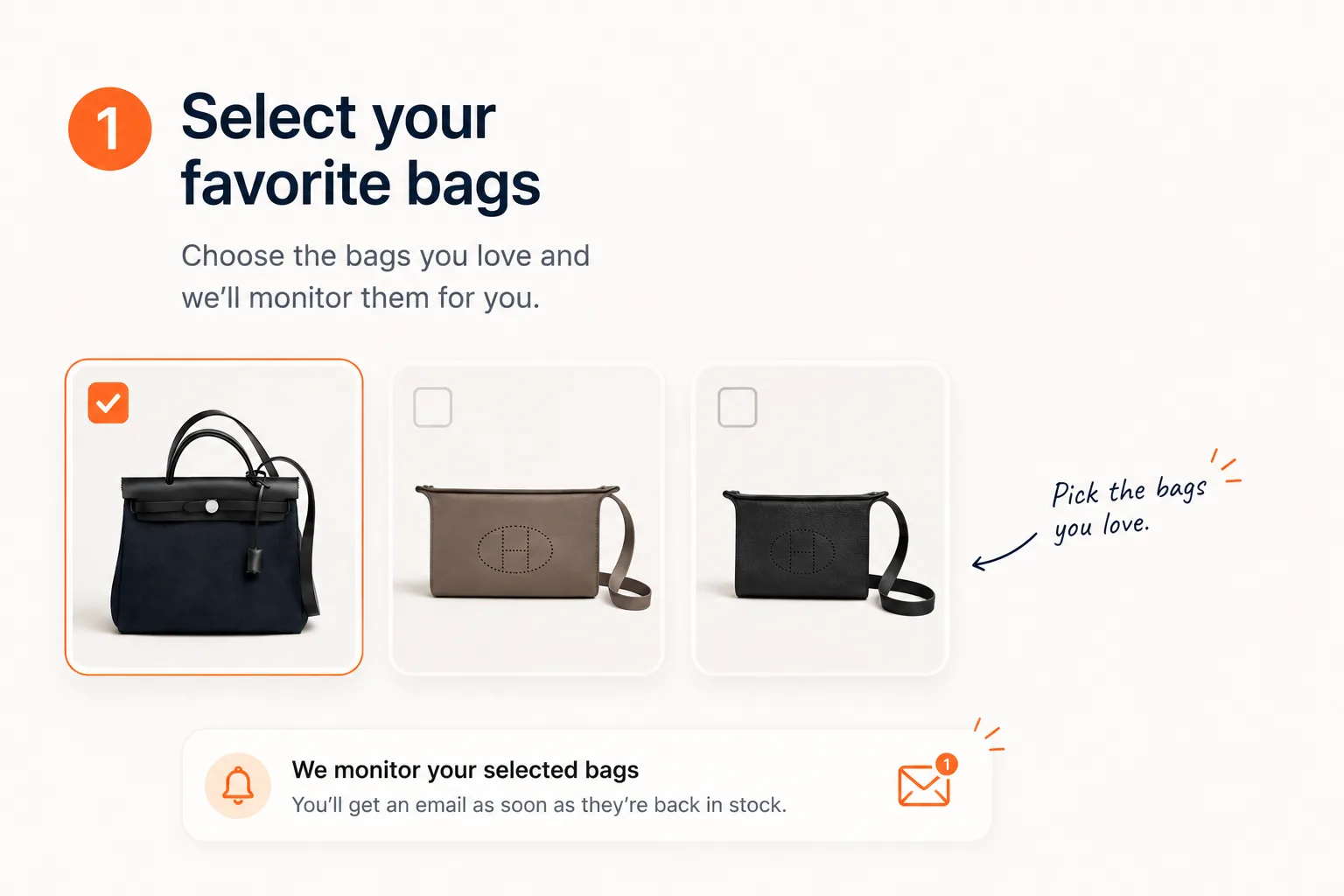 Selector de RestockAlerts con varios bolsos Hermès elegidos para recibir alertas de reposición