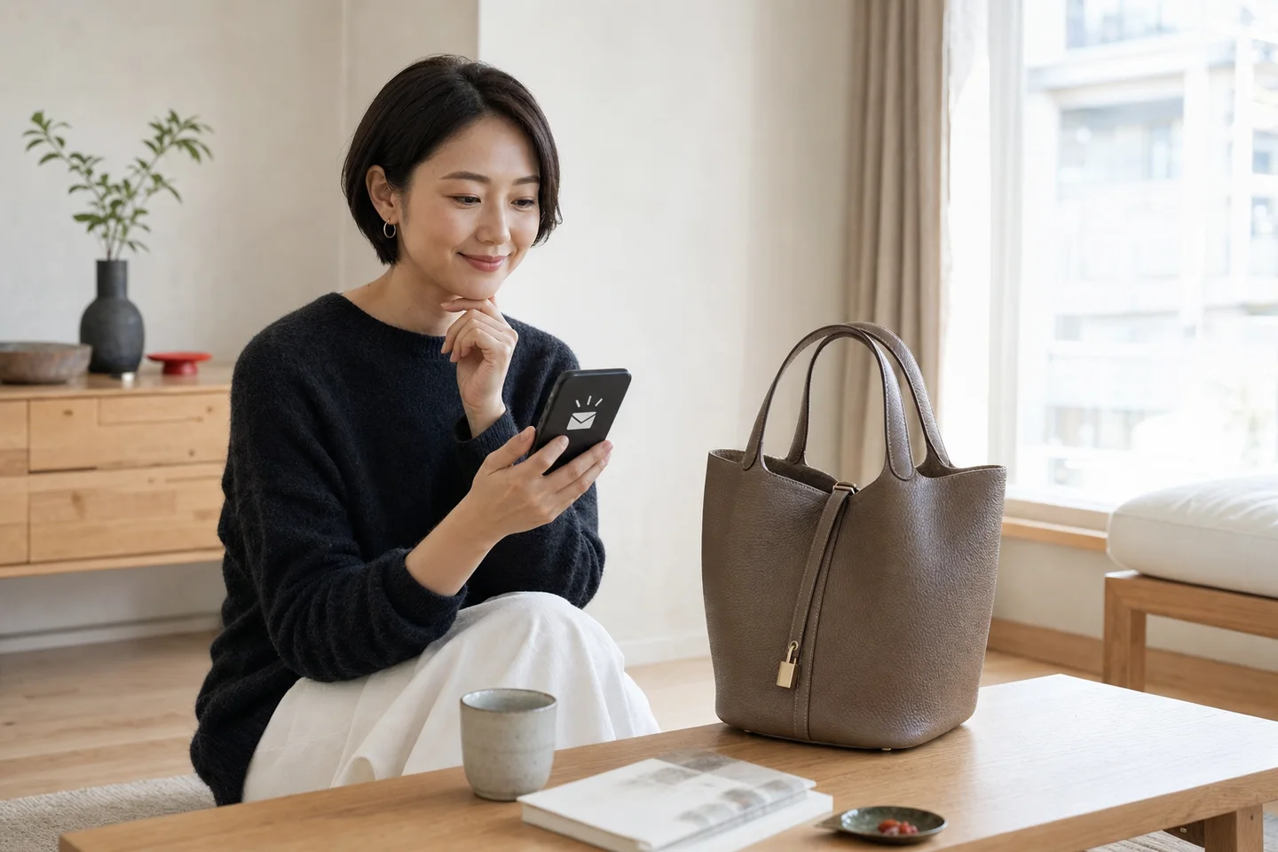 スマートフォンでエルメスのバッグの再入荷通知を確認する女性と、テーブルに置かれたレザーバッグ