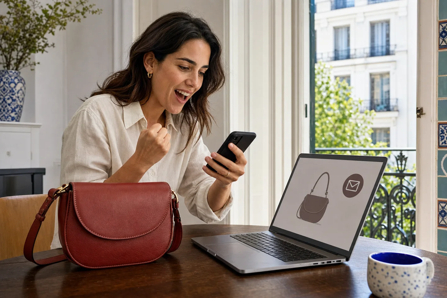 Mujer consultando en el móvil una alerta de reposición de bolso mientras compara el producto en su portátil